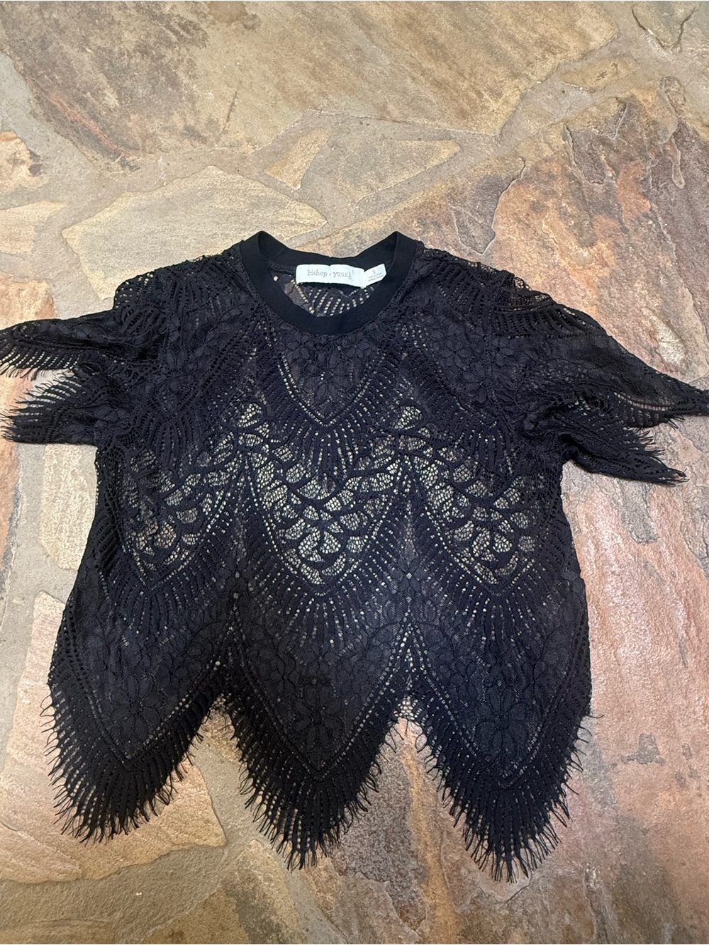 Bishop + Young Black Lace Flutter Sleeve Scalloped Hem Top Size Small
